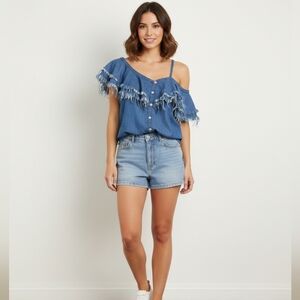 Blank Nyc Raw Edge Ruffle Denim off shoulder Top with fringe Size XS